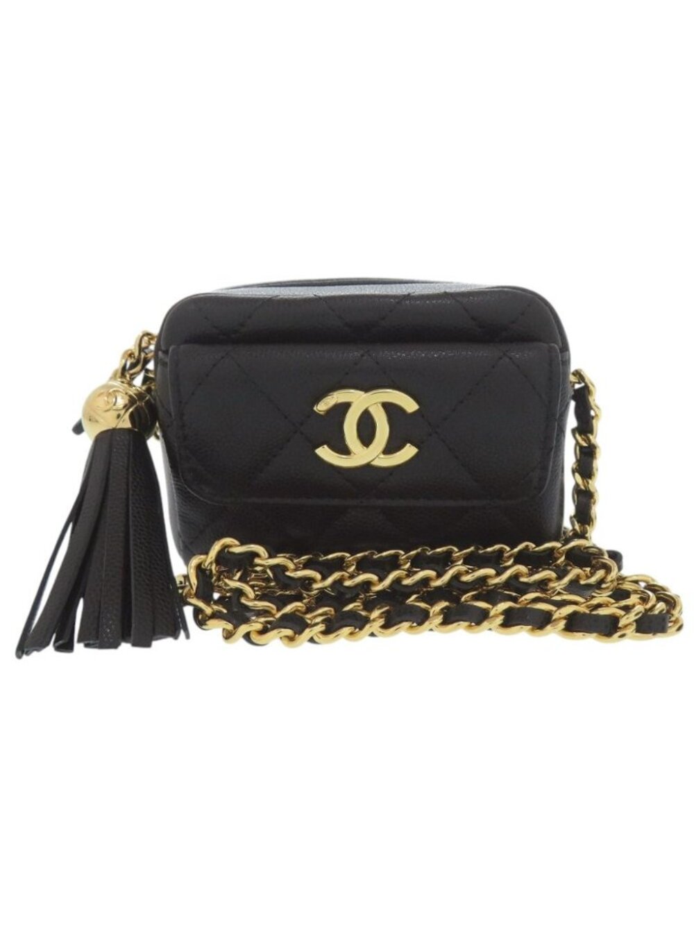 Chanel CC Logo Quilted Mini Fringe Chain Shoulder Caviar Leather Black Bag
